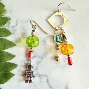 2/$30🌵 Robot Earrings Glass Bubble Beaded Asymmetrical Quirky Sci-fi Nerd NEW